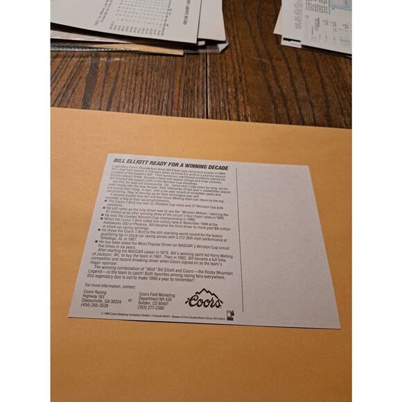 Vintage 90 Bill Elliott Coor Light Legends Driver Card 9 Ford Thunderbird Nascar - Picture 3 of 3